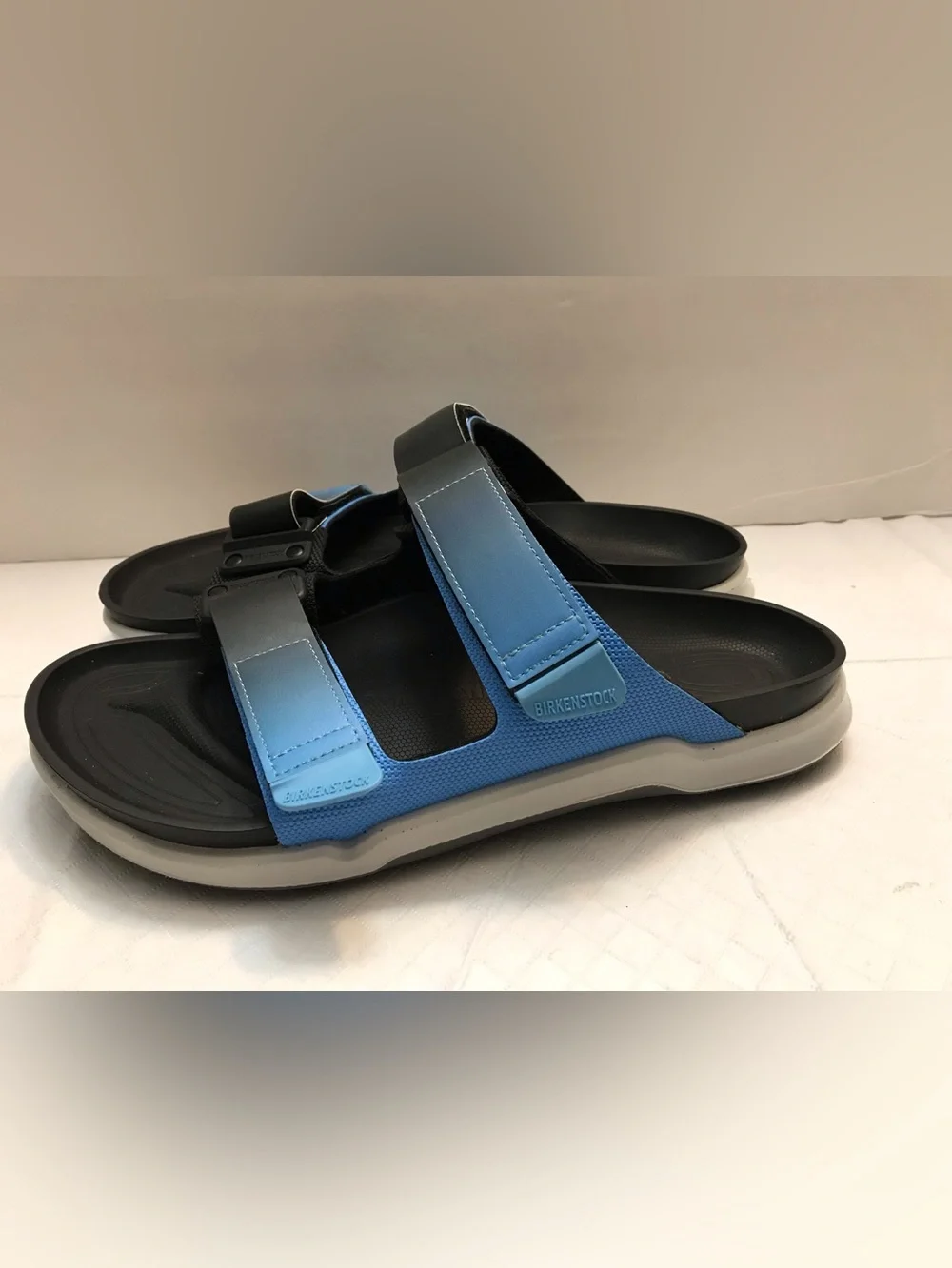 Birkenstock Light Blue and Black Dual-Strap Slides